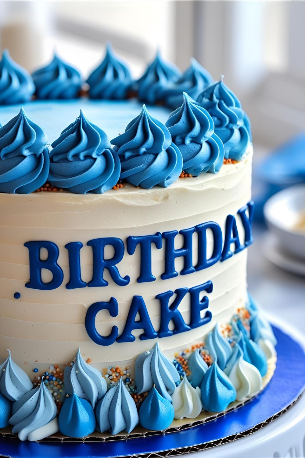 Blue birthday cake with creamy blueberry buttercream and decorative swirls