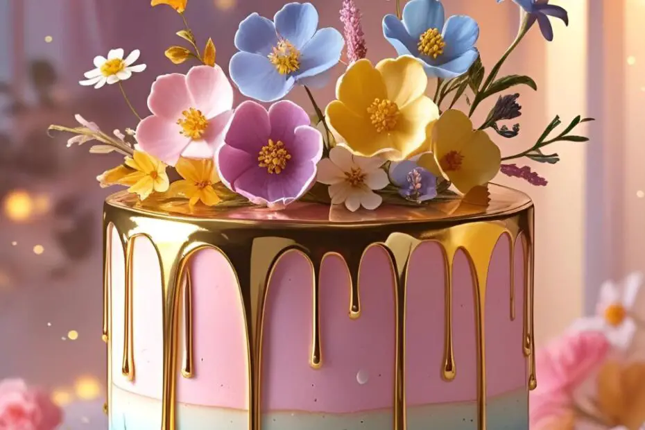 Pastel smooth cake with gold drip, edible flowers, ideal cake decorating ideas