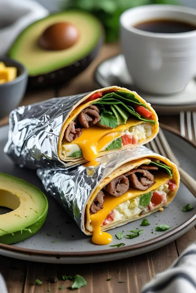 Close-up of sliced breakfast burrito with visible cheese, egg, and veggies inside