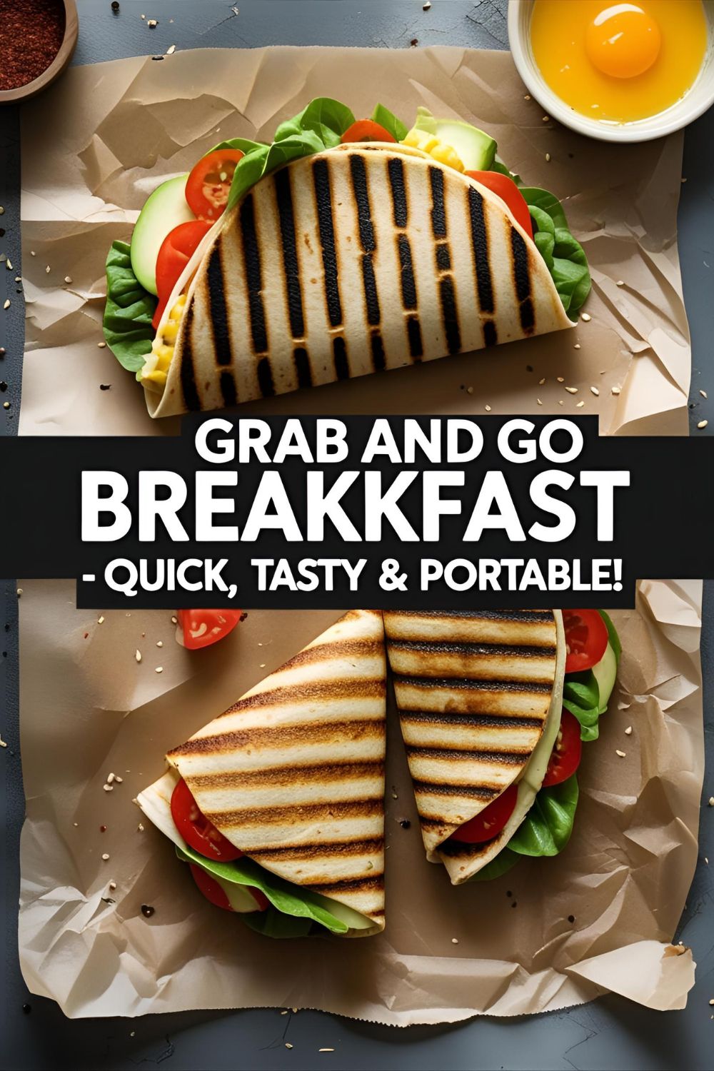 Breakfast wrap sliced open showing scrambled eggs and cheese wrapped in foil ready to go