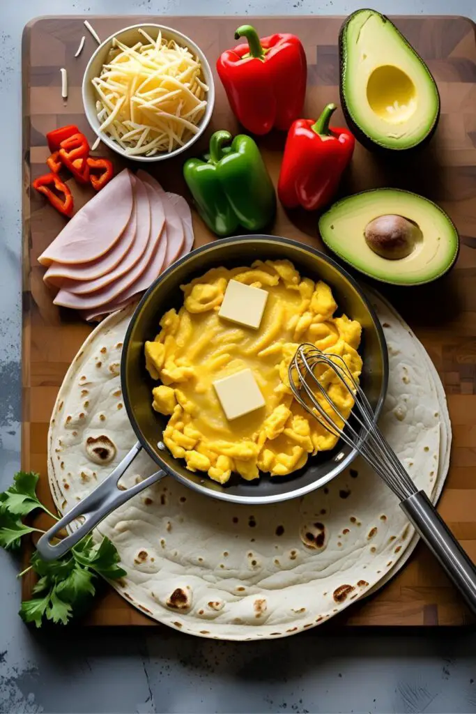  Warm egg and cheese breakfast wrap on a wooden board with foil partially peeled back