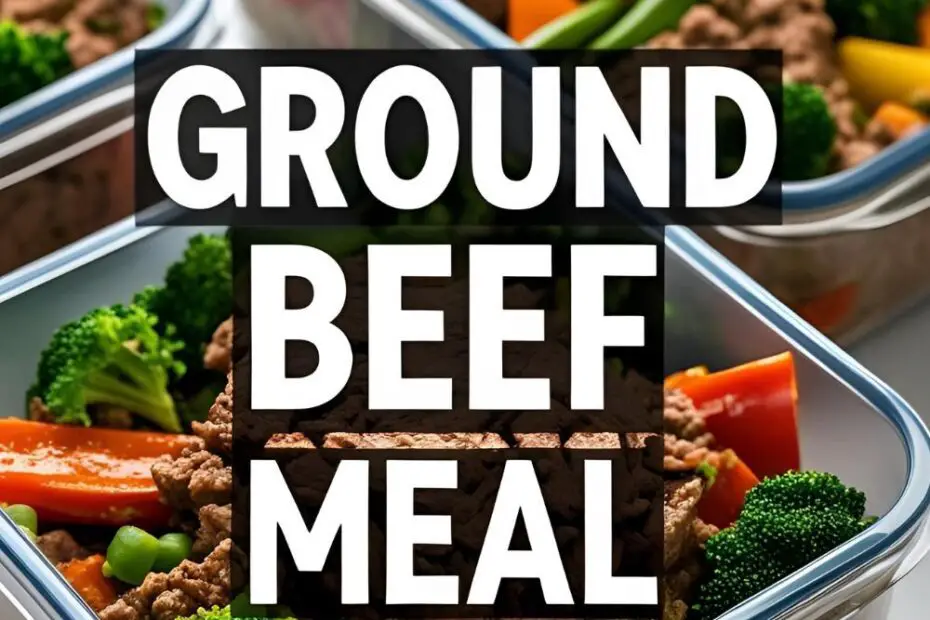 Ground beef meal prep in containers with colorful veggies and lime garnish