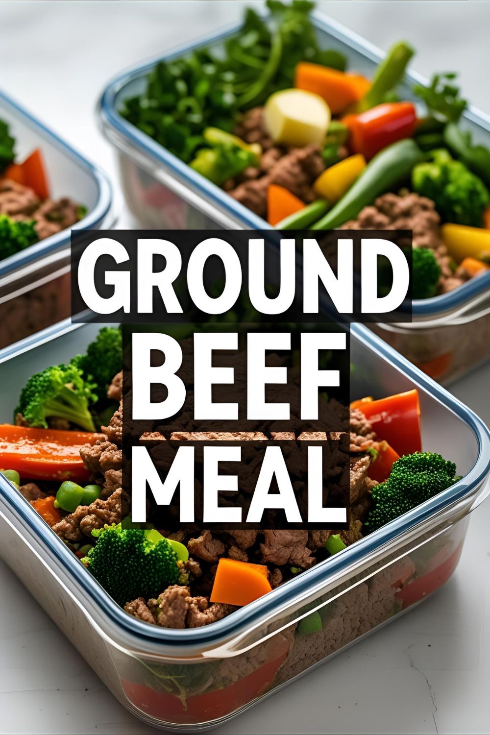 Ground beef meal prep in containers with colorful veggies and lime garnish