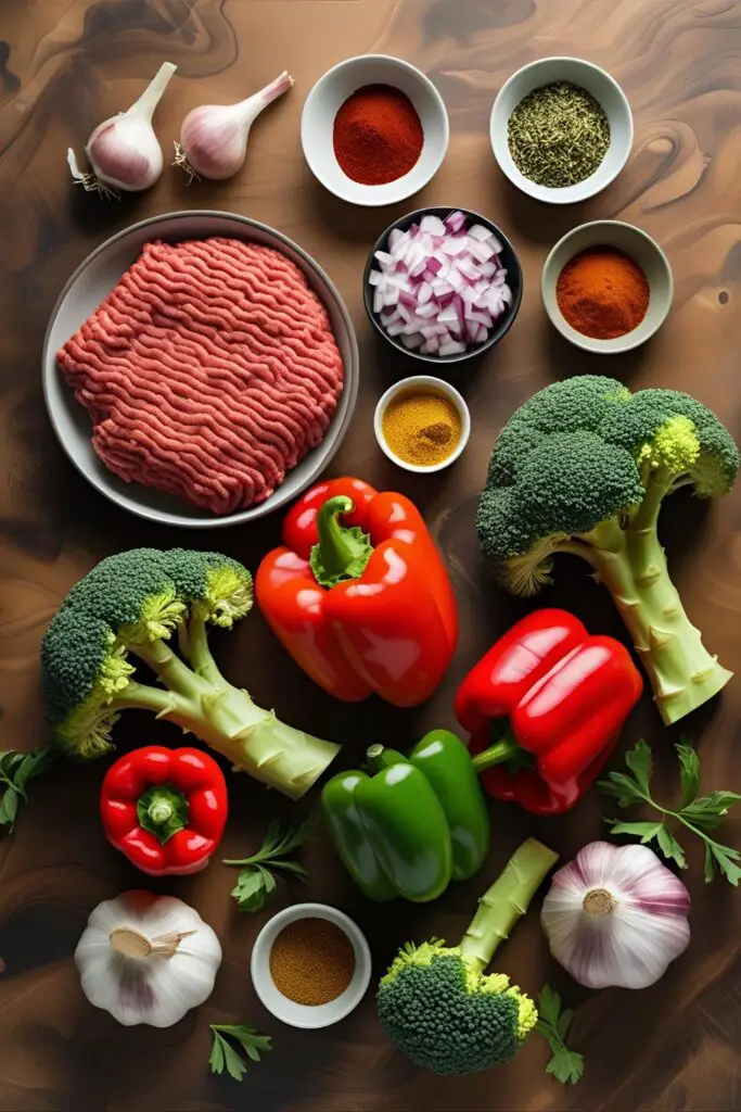 Colorful ground beef meal prep bowls with peppers and broccoli