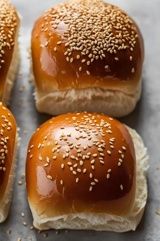 Close-up of glossy hamburger buns on a kitchen towel.