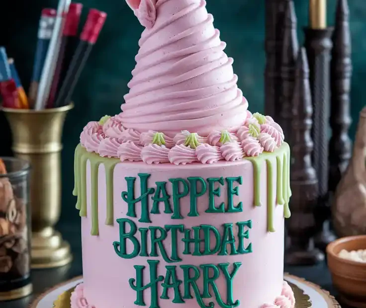 Harry Potter-themed cake with pink frosting and green lettering
