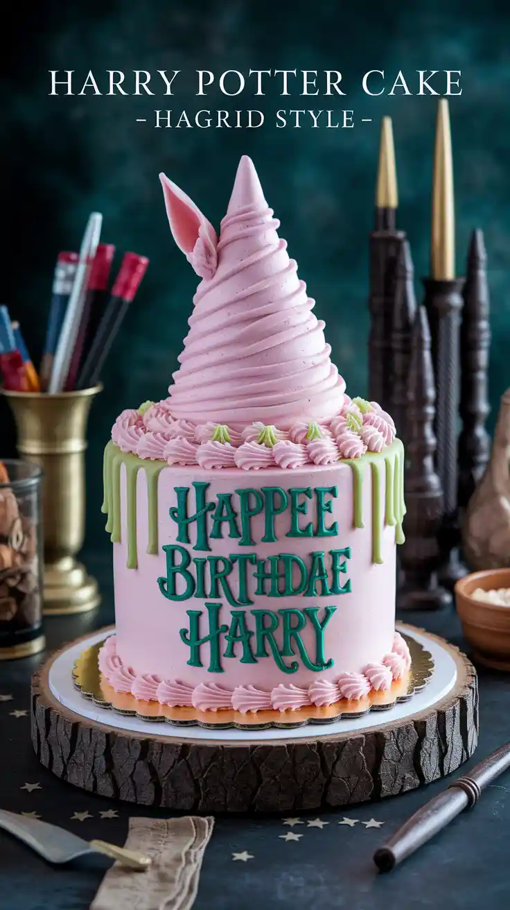 Harry Potter-themed cake with pink frosting and green lettering