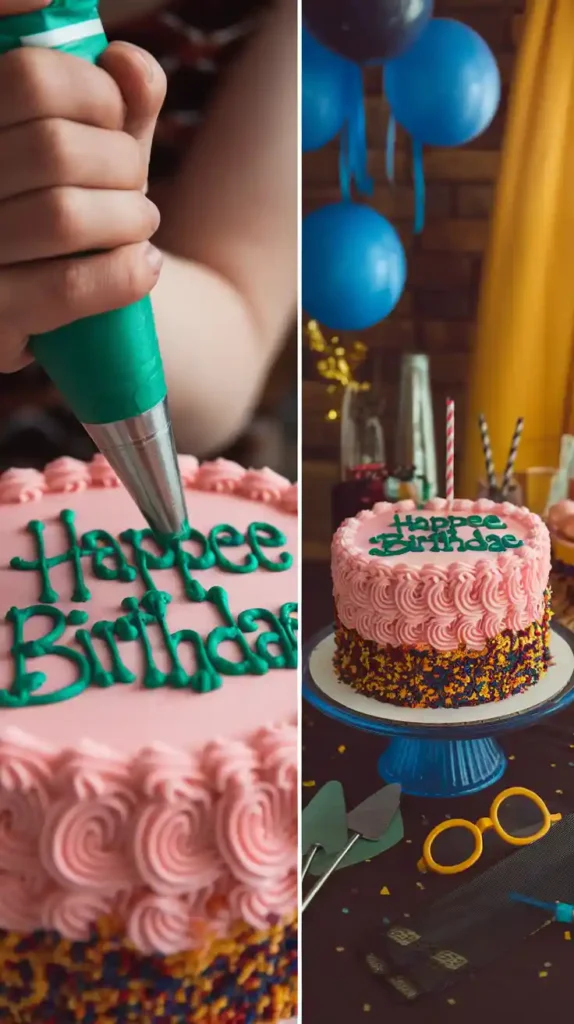 Two images showing the process of decorating the Harry Potter cake and the finished cake in a party setting
