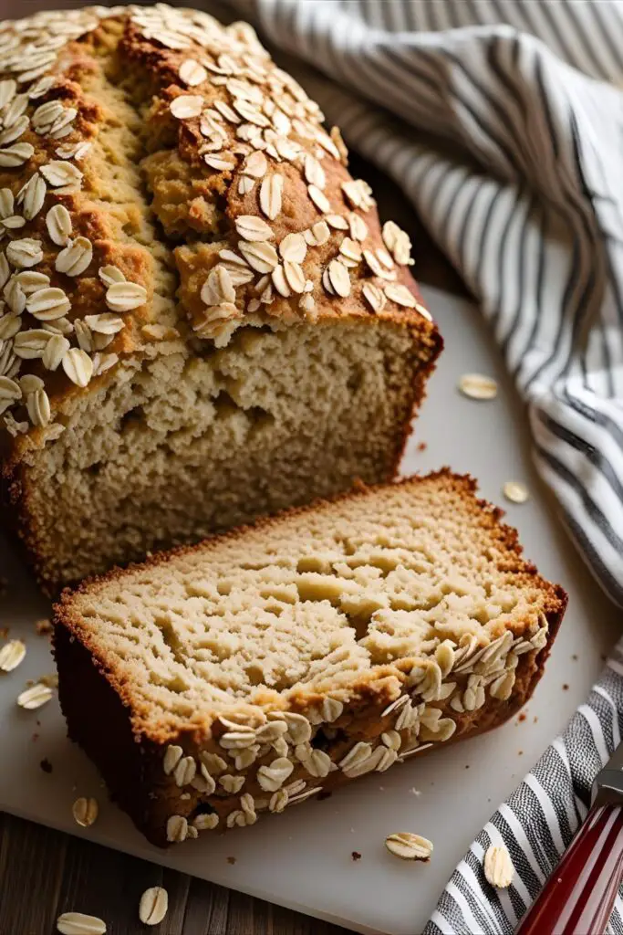 Close-up of healthy banana bread showing crumb and oat topping