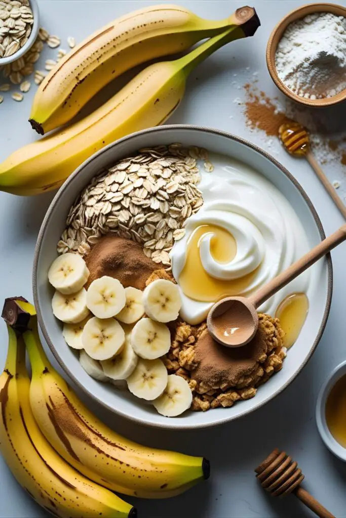Healthy banana bread loaf with oats and yogurt on a cutting board