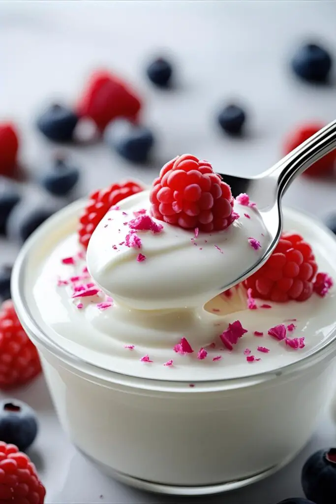 Top-down aesthetic shot of a yogurt bowl with vibrant toppings