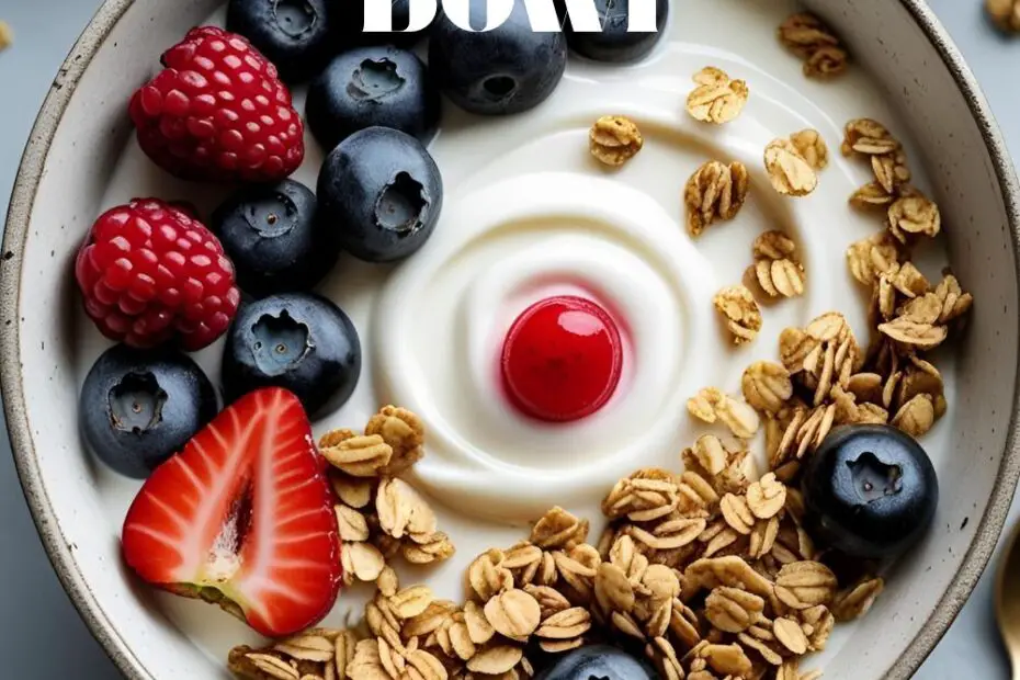 Colorful yogurt bowl with berries, granola, and chia seeds