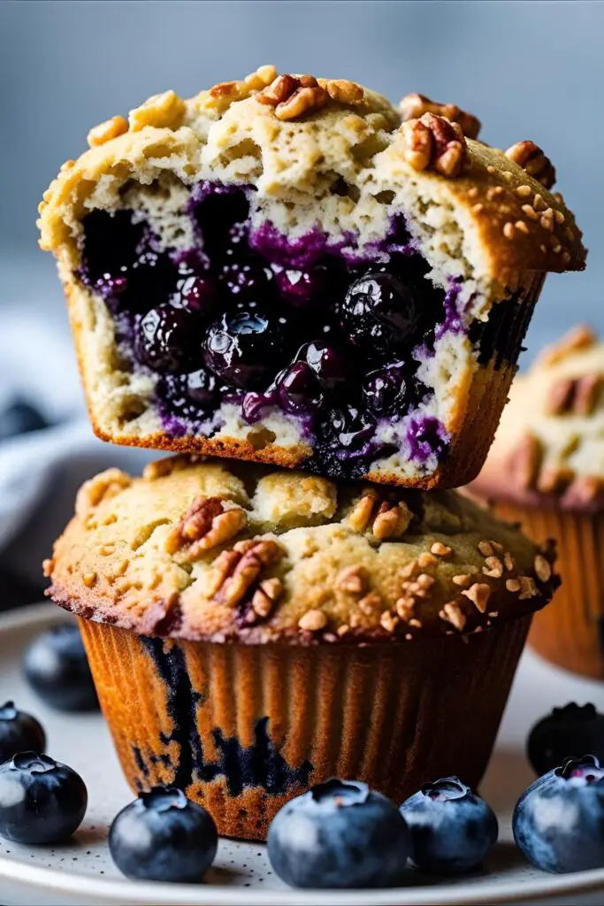 Stack of oat‑banana blueberry muffins with yogurt and oats on a pastel background