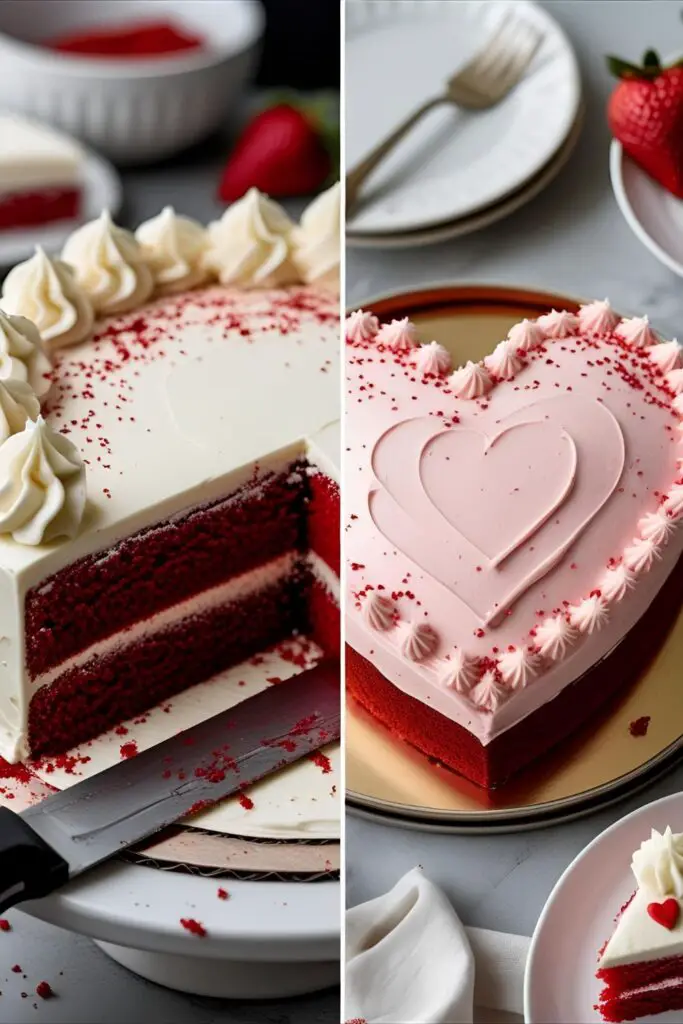 Two images showing a slice of red velvet heart cake and a finished vintage-style pink heart shaped cake.