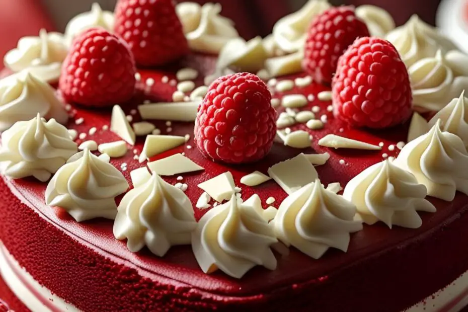 A beautiful red velvet heart shaped birthday cake with raspberries and the text overlay "The Ultimate Heart Shaped Birthday Cake".