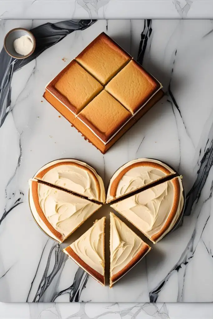  A collage showing the process of making a heart shaped cake with a square and a round pan.