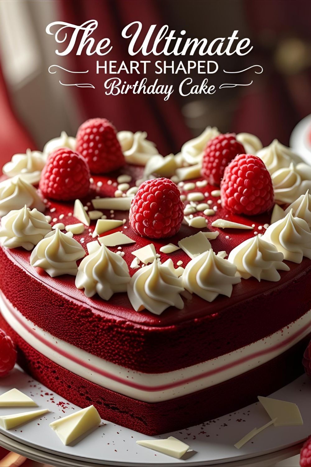 A beautiful red velvet heart shaped birthday cake with raspberries and the text overlay "The Ultimate Heart Shaped Birthday Cake".