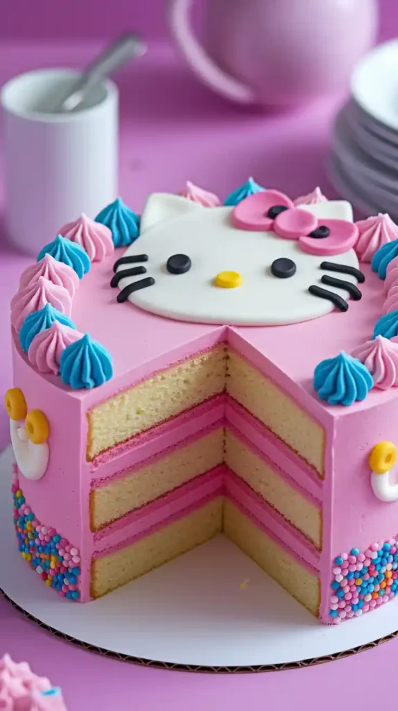 Close-up of Hello Kitty cake with fondant ears and pink bow