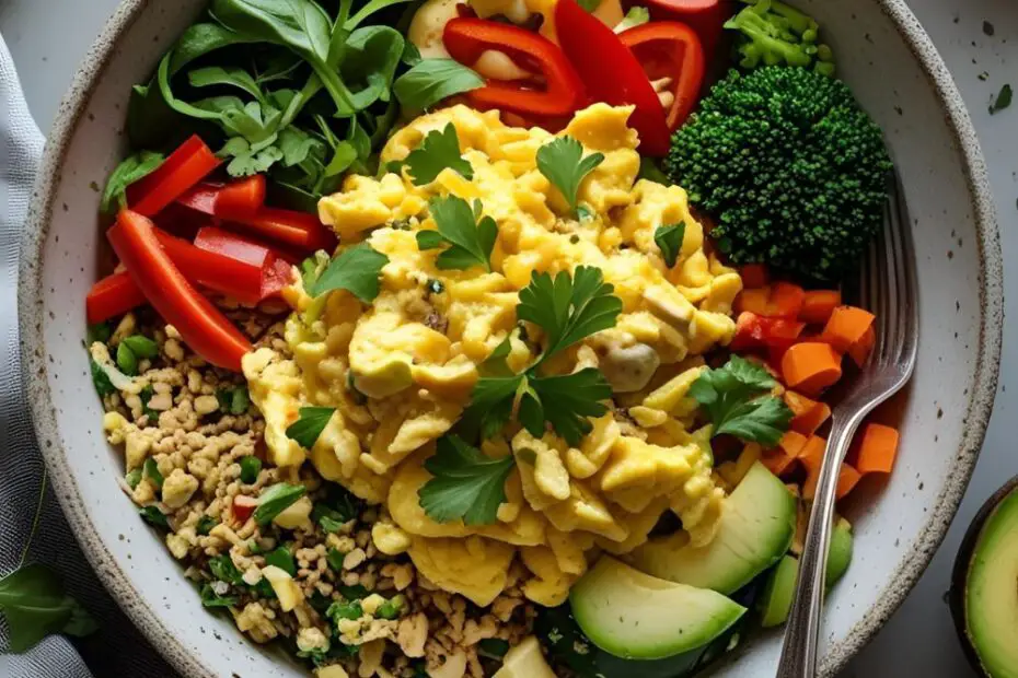 Colorful protein scramble bowl with eggs, veggies, and greens