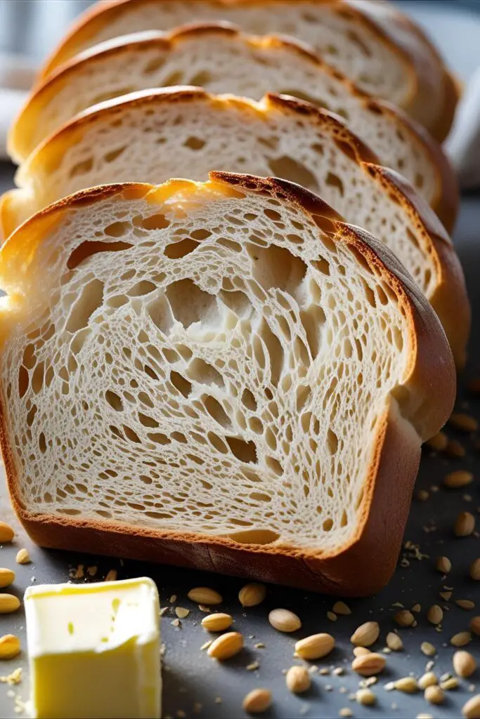 Close-up of a softly textured slice of sandwich bread with butter melting.