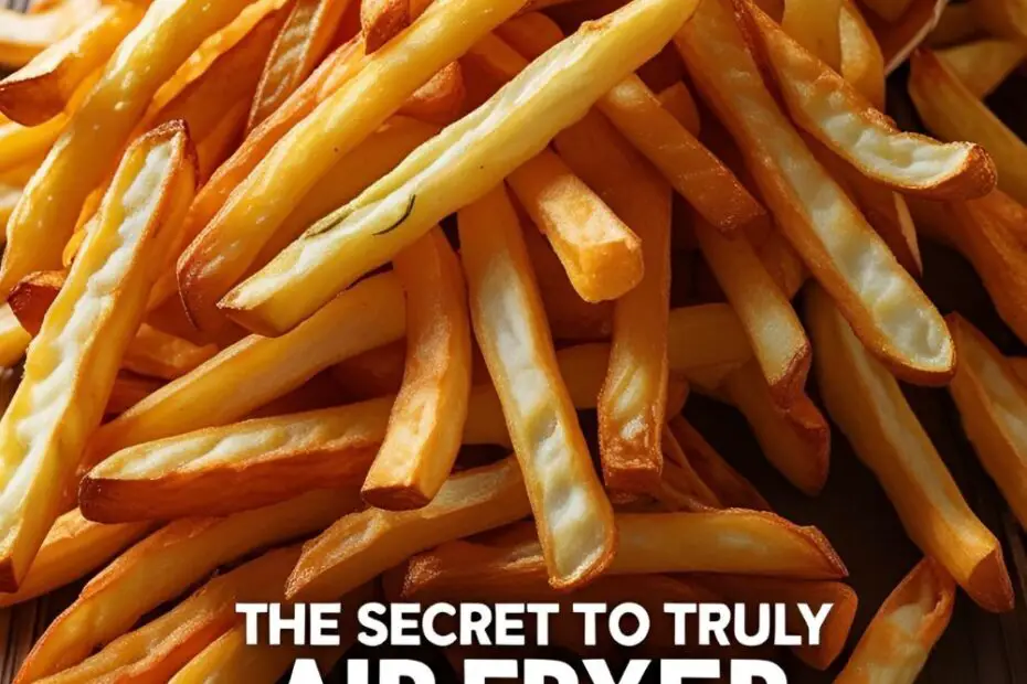 A close-up action shot of crispy, golden air fryer french fries being picked up, highlighting their texture and sprinkled salt.