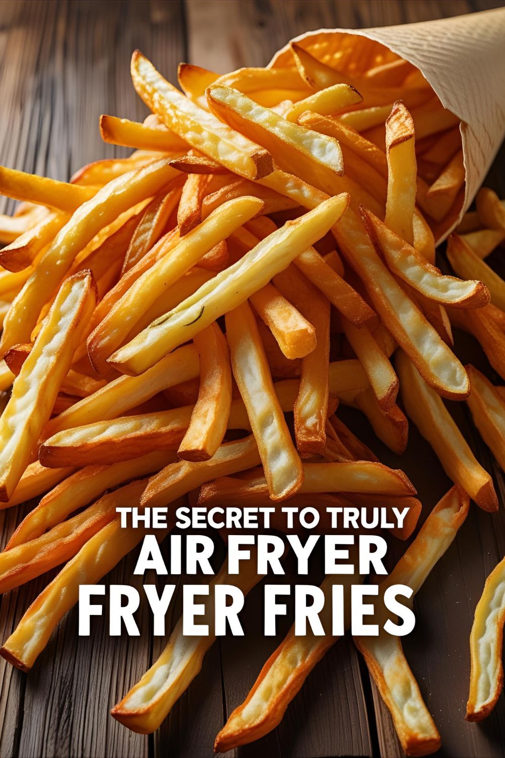 A close-up action shot of crispy, golden air fryer french fries being picked up, highlighting their texture and sprinkled salt.
