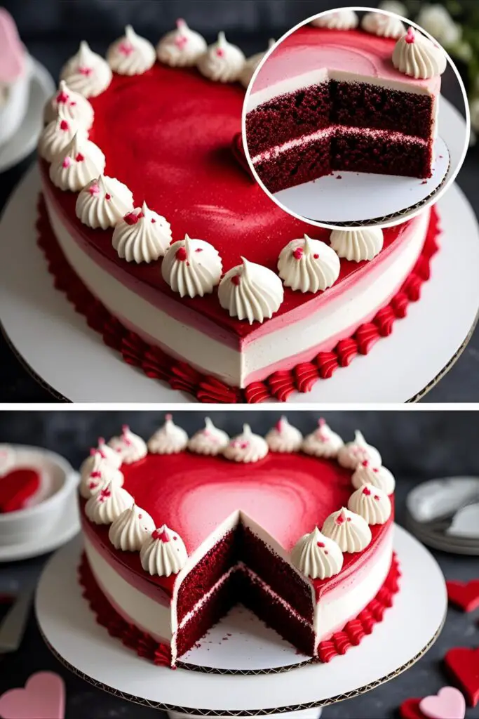 A finished red velvet heart shape cake, with a close-up inset image of a perfect heart-shaped slice being served.