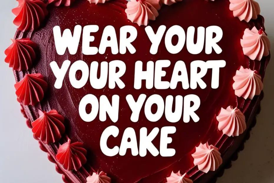A beautiful red velvet heart shape cake with white cream cheese frosting. Text overlay reads: "Wear Your Heart on Your Cake".