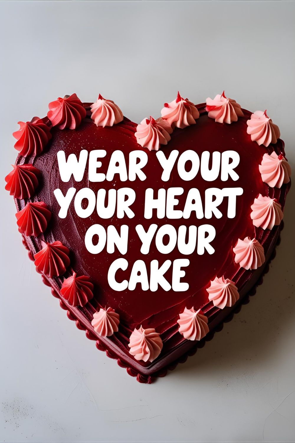 A beautiful red velvet heart shape cake with white cream cheese frosting. Text overlay reads: "Wear Your Heart on Your Cake".