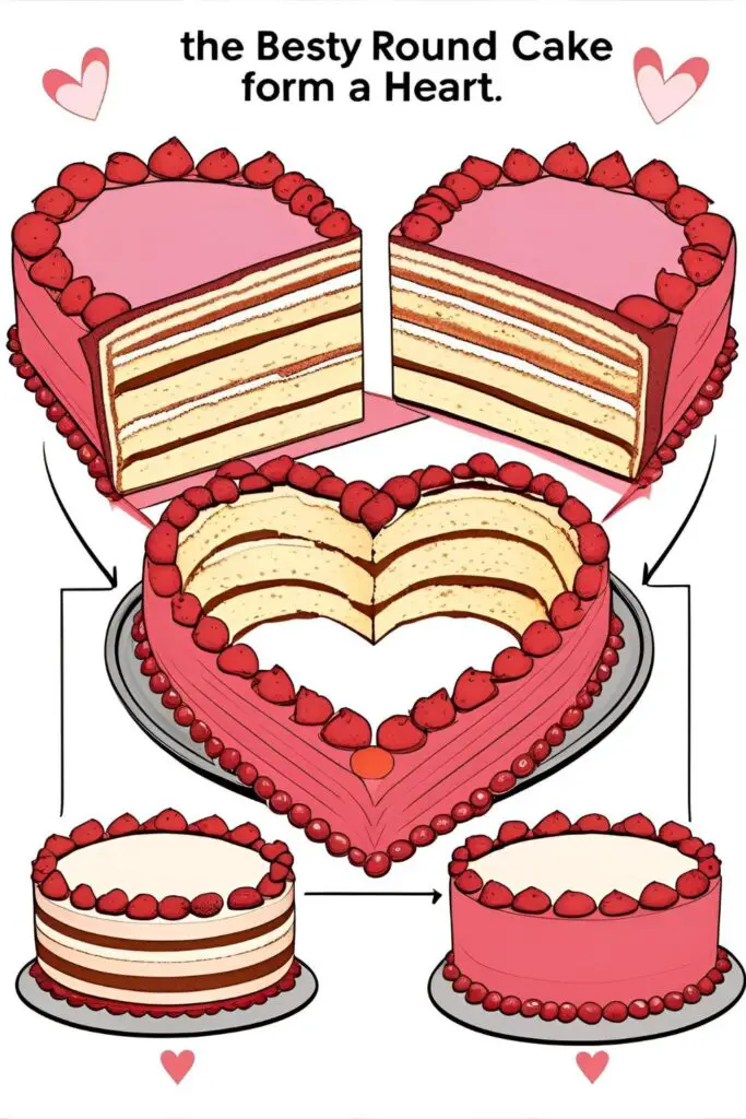 A helpful diagram showing how to cut a round cake in half and arrange it with a square cake to create a heart shape.