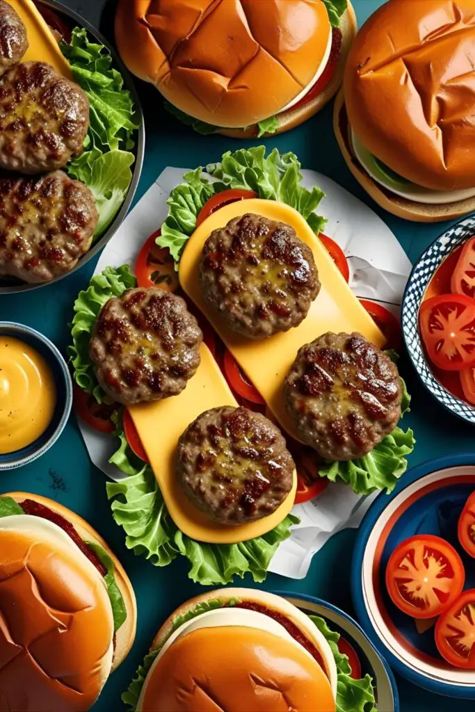 Stacked cheeseburger with sauce and toppings on a wooden board