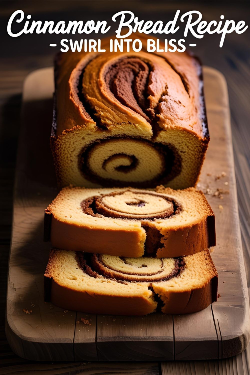 Sliced cinnamon bread loaf showing swirl and golden crust.