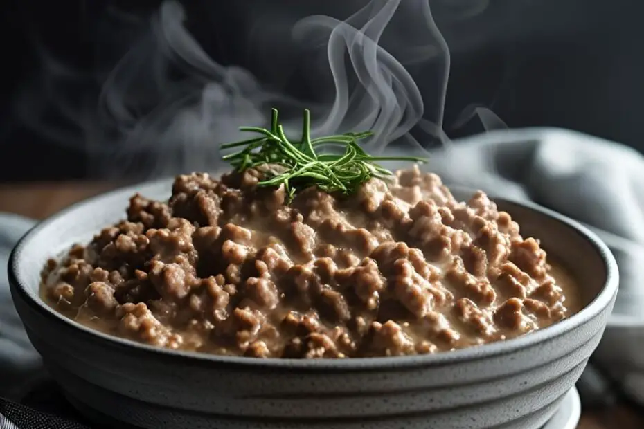 Creamy ground beef skillet with veggies garnished with parsley