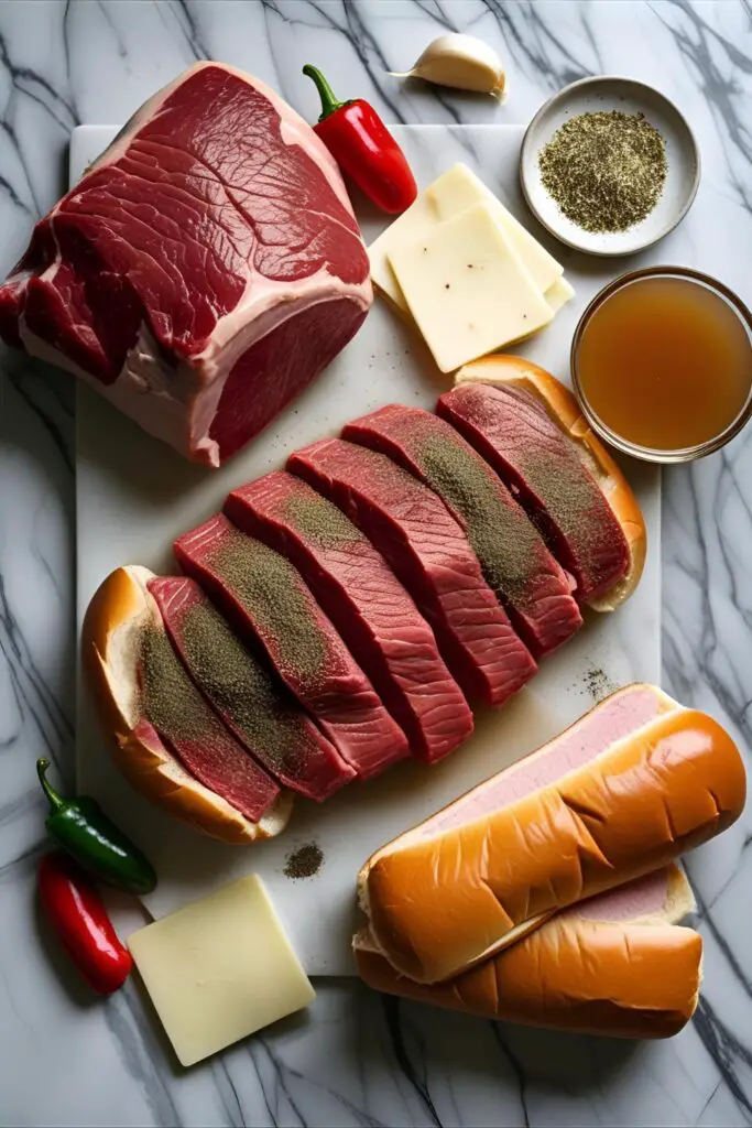 Three Italian beef sandwiches ready to serve with dipping jus

