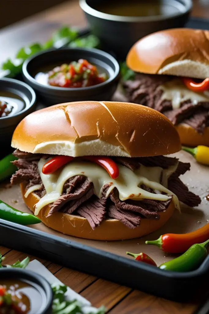 Spicy Italian beef sandwich with peppers and melted cheese on toasted roll