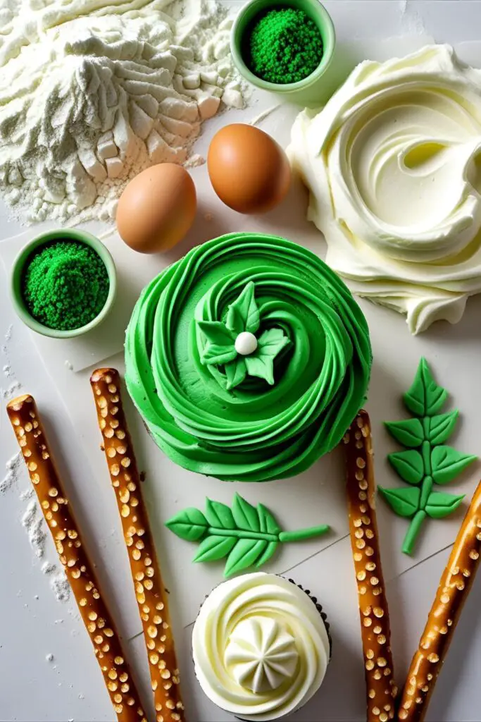 DIY jungle cake layered with green leaves and pretzel trunk accents