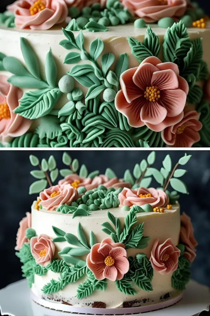 Bright jungle themed cake featuring buttercream leaves and animal toppers