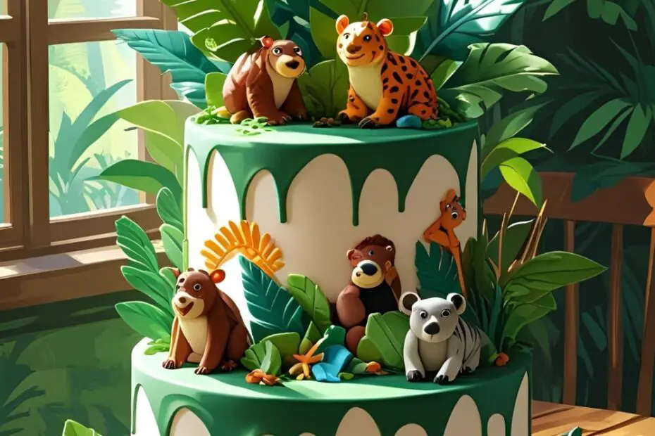 Lush jungle theme cake with green buttercream foliage and animal toppers