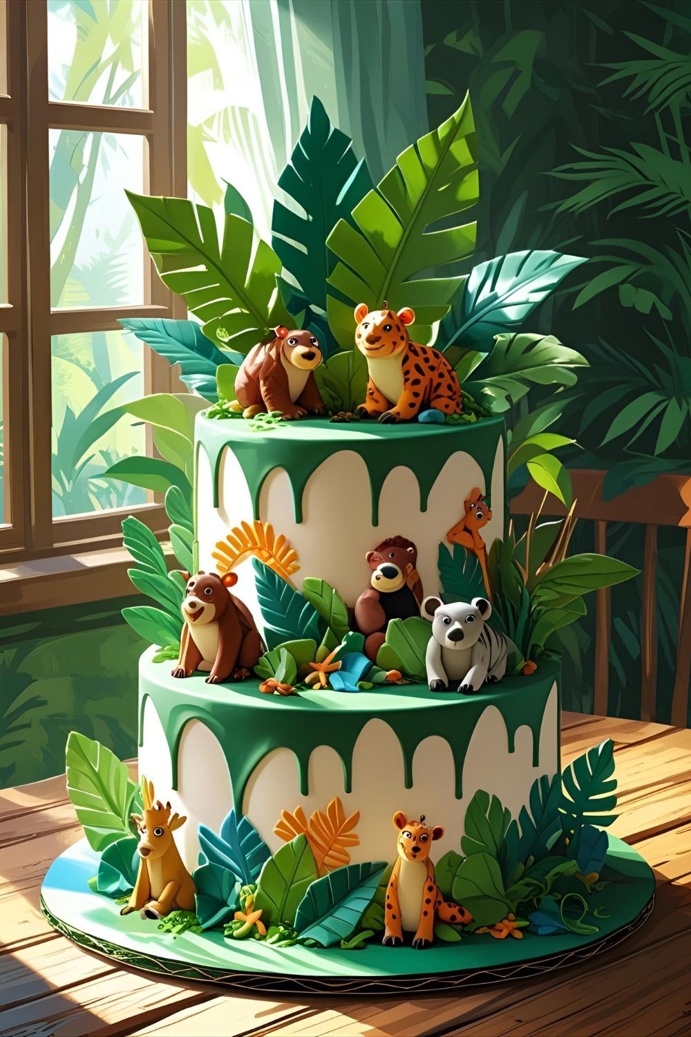 Lush jungle theme cake with green buttercream foliage and animal toppers