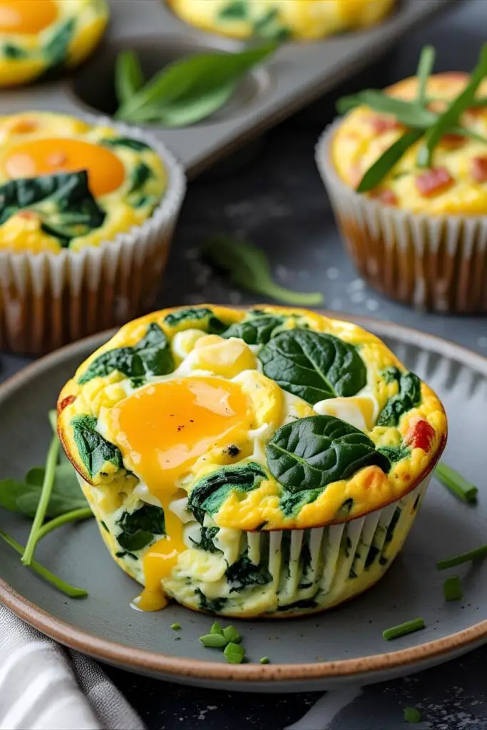 Row of spinach-feta egg muffins on plate with garnish ready for breakfast