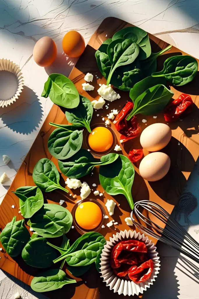 Close-up of spinach and feta egg muffin on wooden board with muffin liners