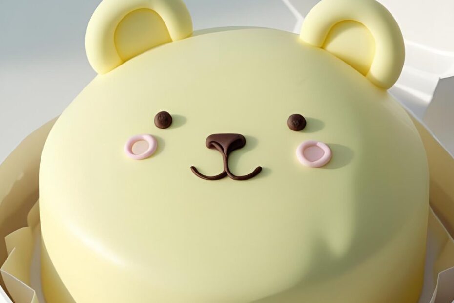 A cute yellow bento cake with a bear face and the text overlay "Your Guide to the Korean Cake Aesthetic".