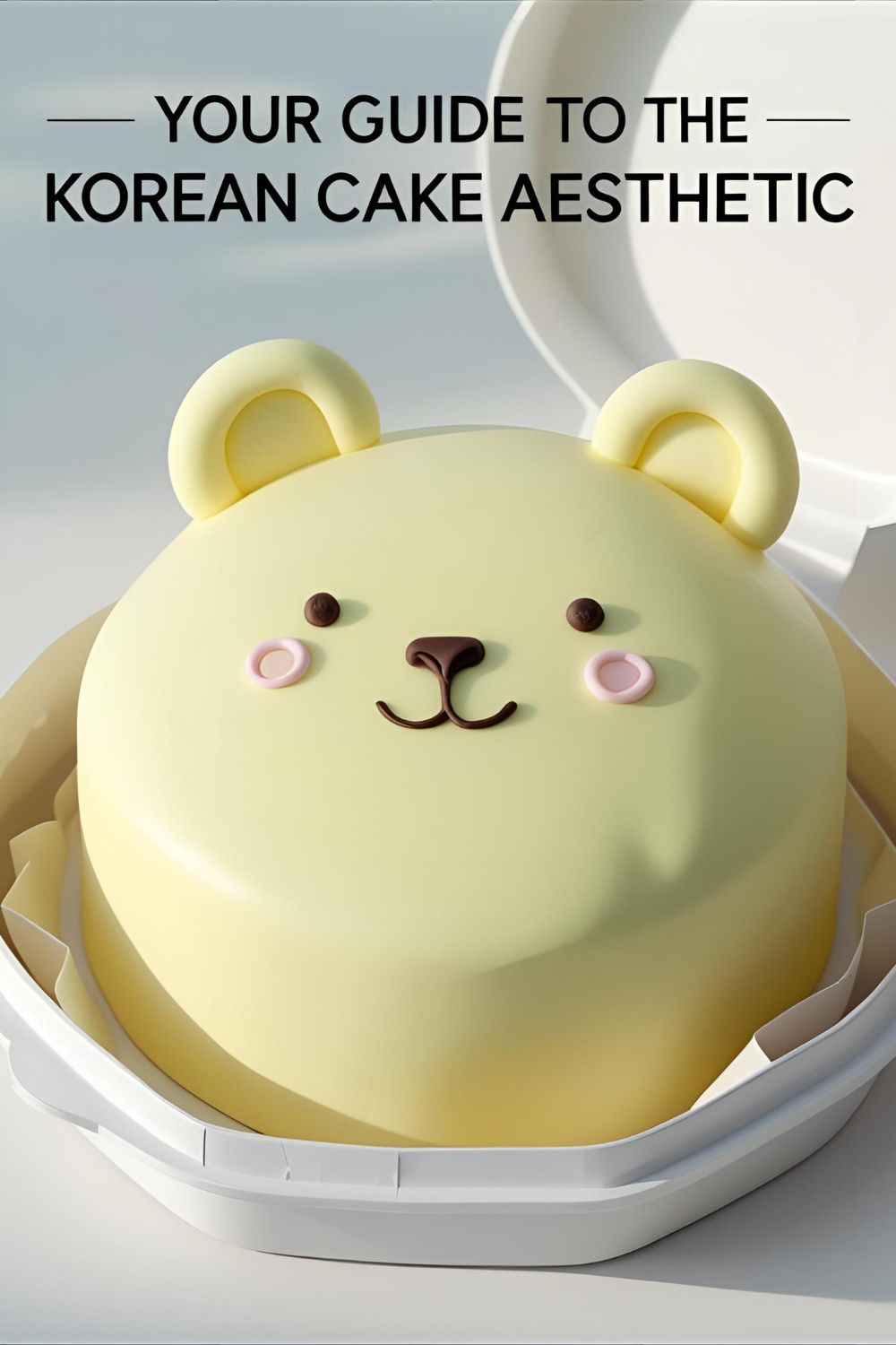A cute yellow bento cake with a bear face and the text overlay "Your Guide to the Korean Cake Aesthetic".