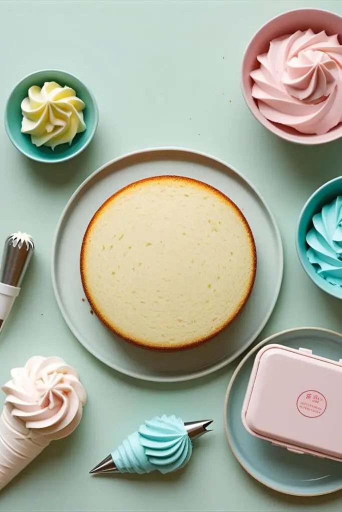  A collage of tools and ingredients for creating a Korean aesthetic cake, including pastel frostings and a bento box.