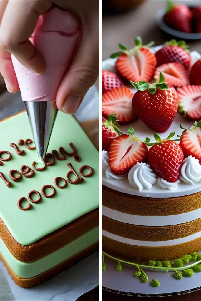 Two images showing the process of piping a message on a bento cake and a finished Korean-style cake decorated with fresh fruit.