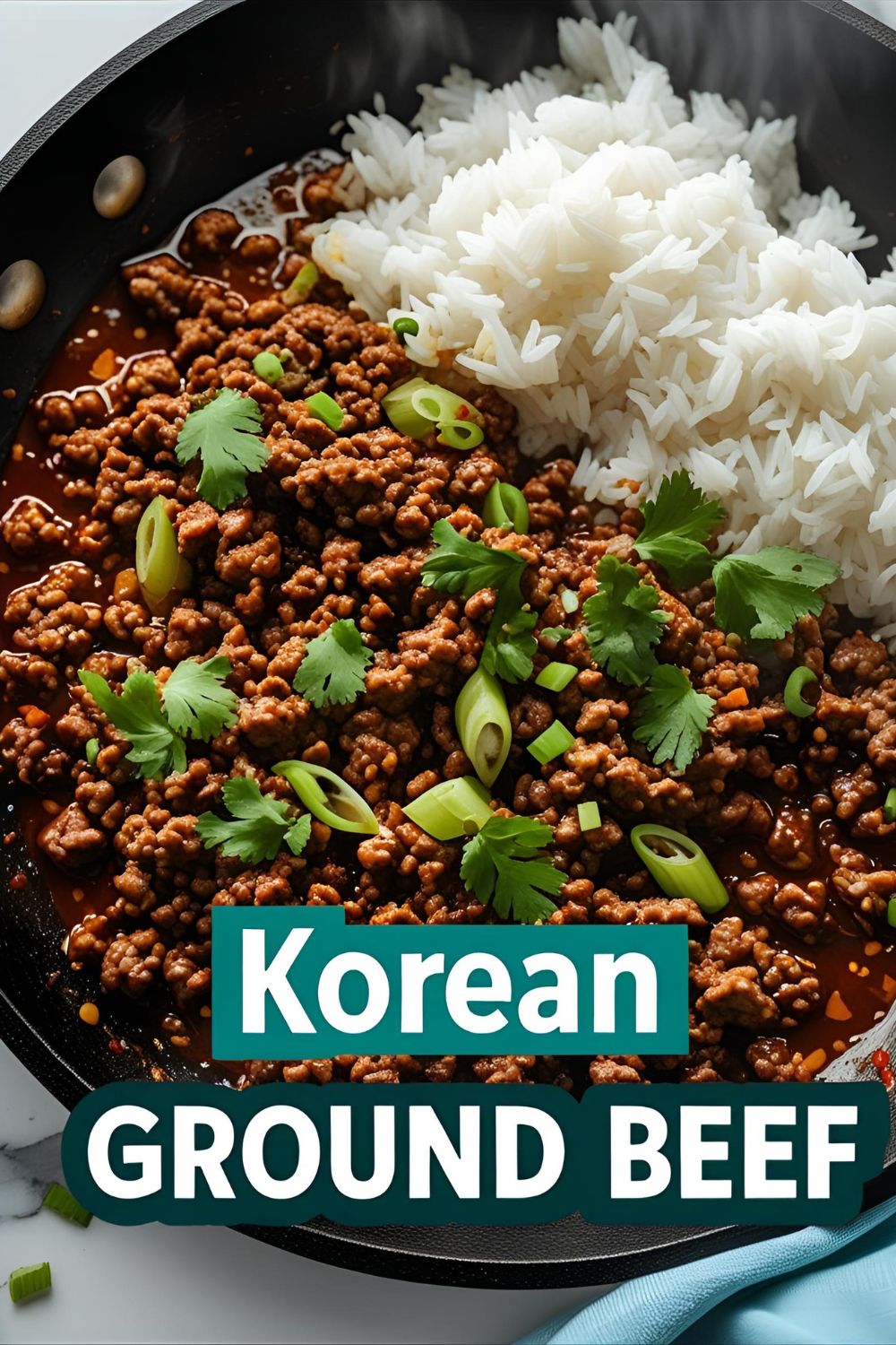 Skillet of glazed Korean ground beef over white rice with green onions
