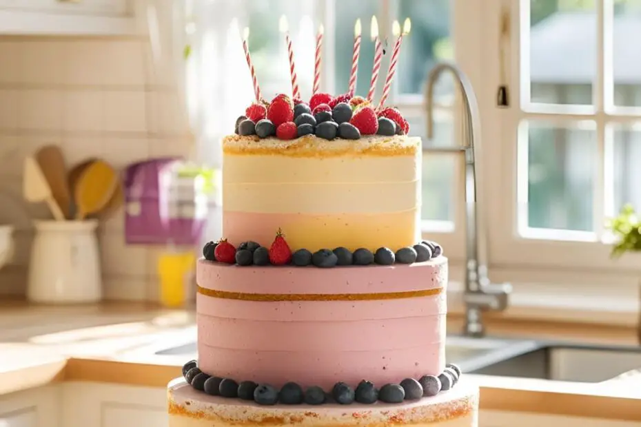 Pastel-layered Korean birthday cake topped with berries