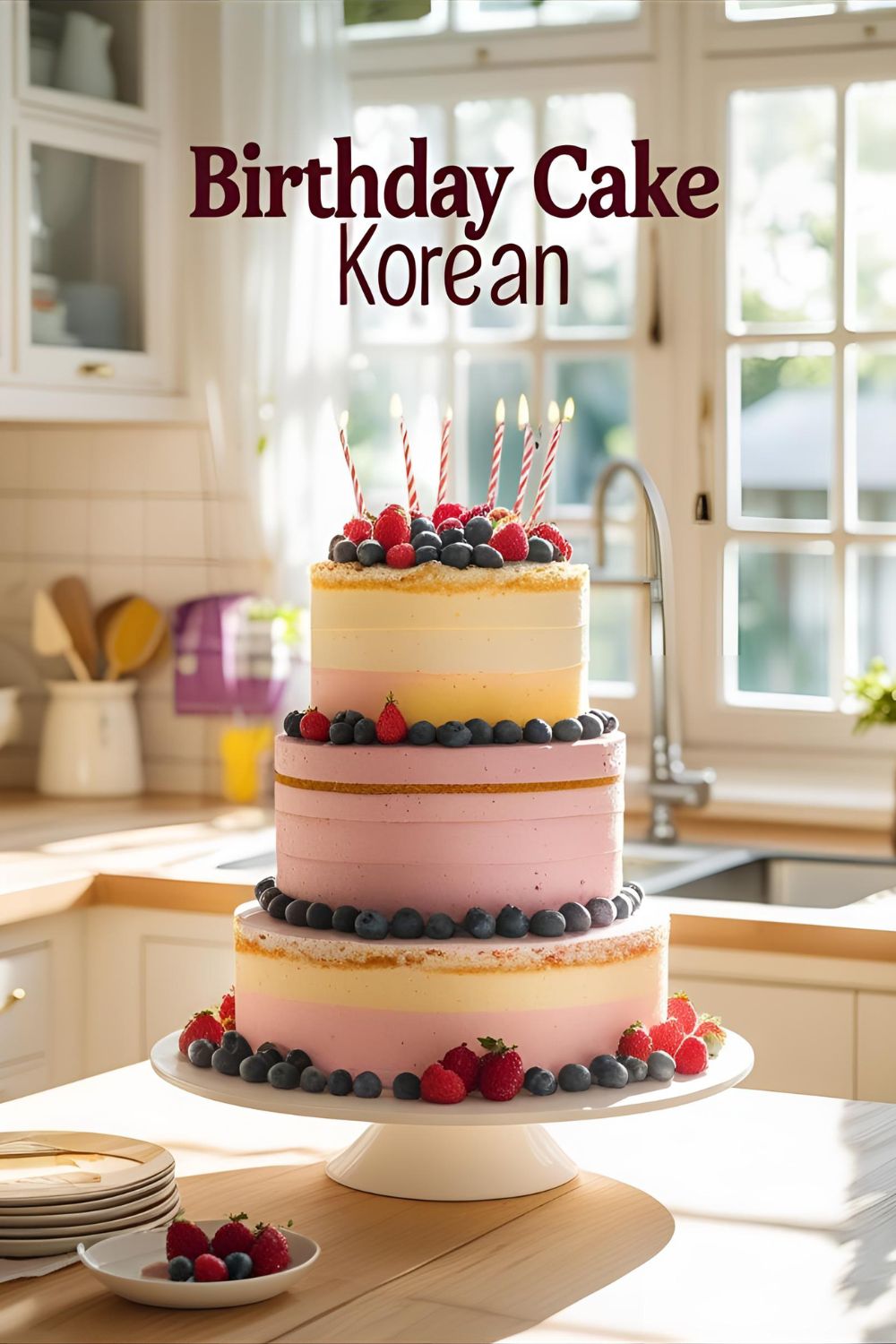 Pastel-layered Korean birthday cake topped with berries