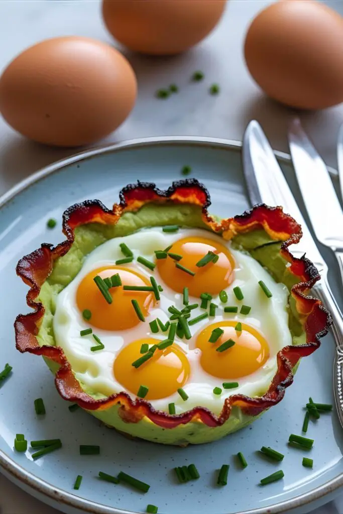 Baked avocado egg cups with bacon and chives, side-view on a clean white kitchen counter
