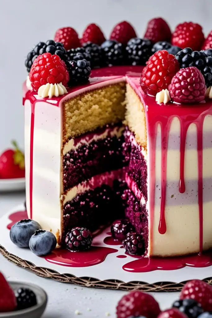 Side view of glazed lemon blueberry cake with berries and slice removed